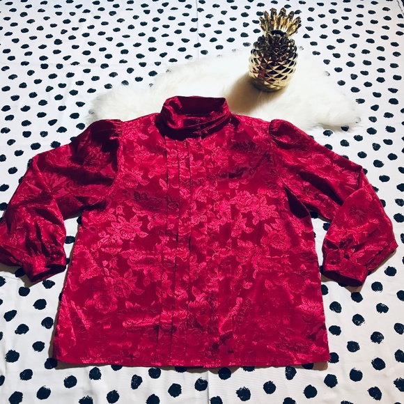 Vintage Secretary Tuxedo Floral Rose Blouse - Picture 1 of 8